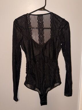 Black Lace Long-Sleeve Bodysuit - Women's Top